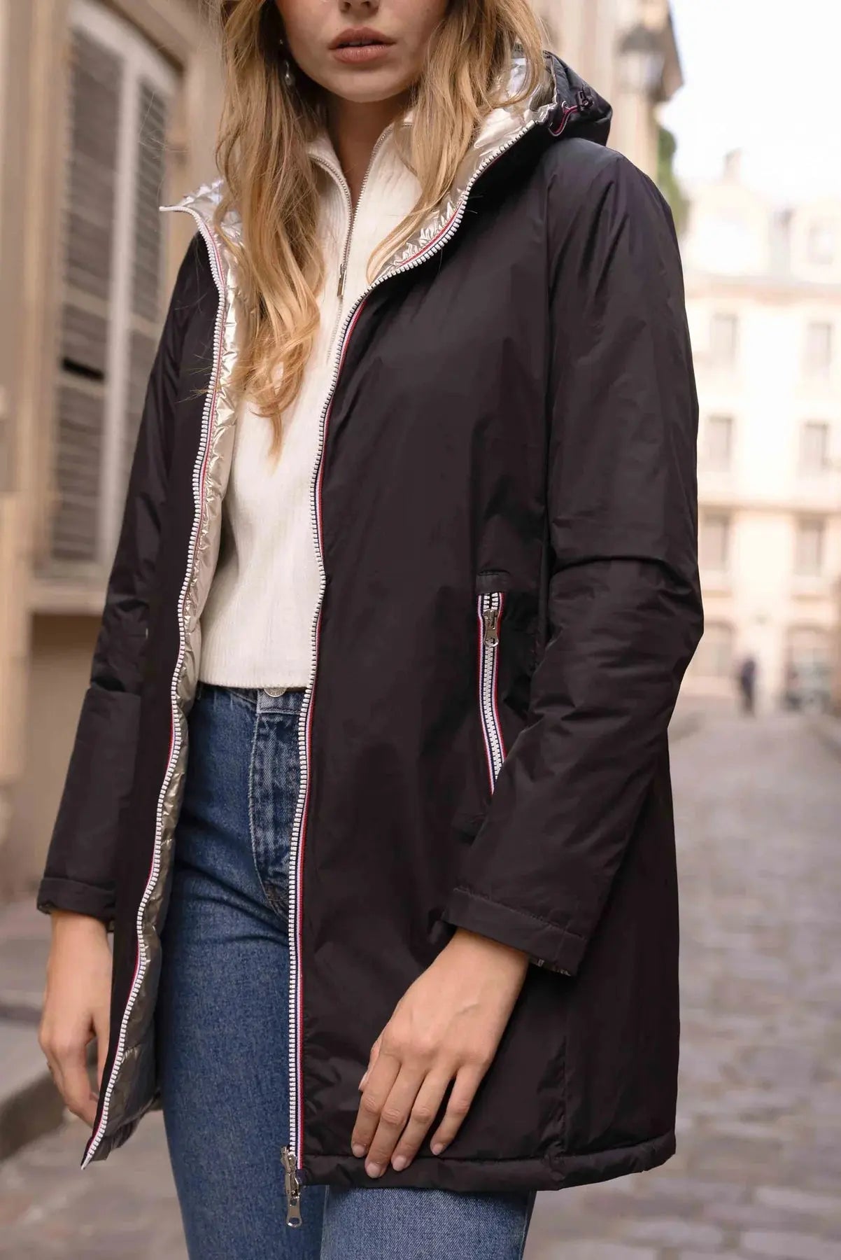 DOUDOUNE LONGUE REVERSIBLE NOIR DORE LAURA JO La Chica