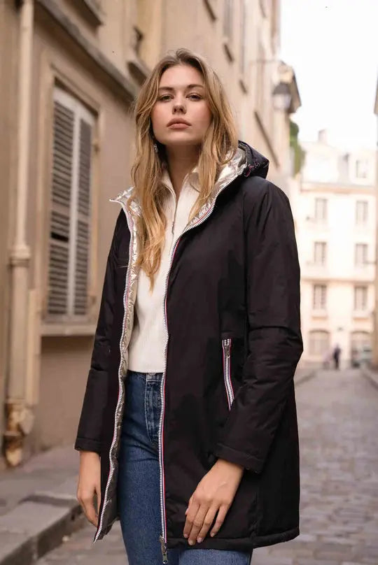 DOUDOUNE LONGUE REVERSIBLE NOIR DORE LAURA JO La Chica