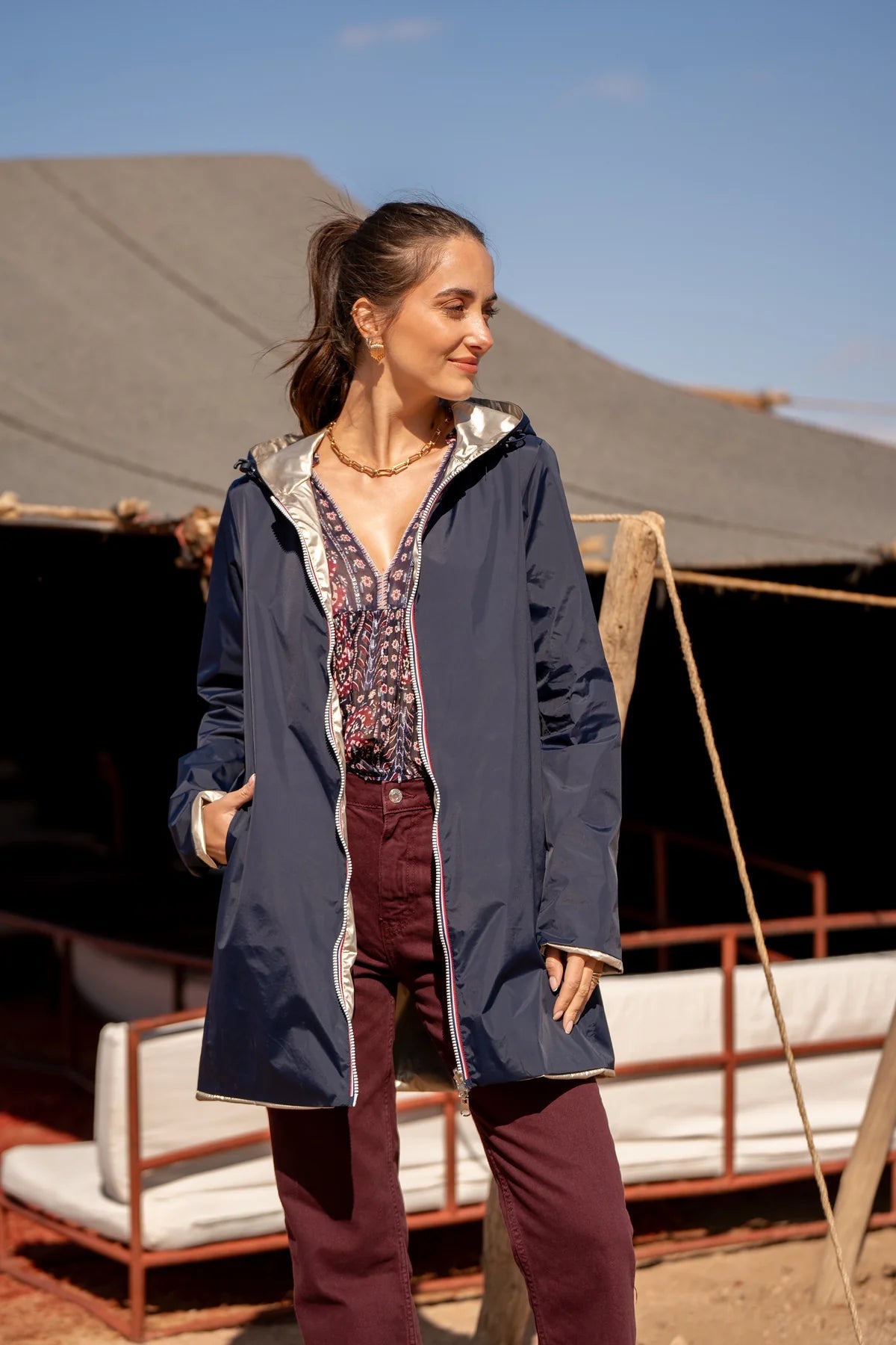 MANTEAU IMPERMEABLE LONG LEGER REVERSIBLE MARINE DORE LAURA JO La Chica