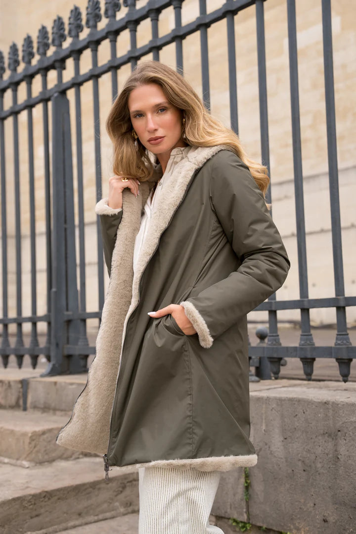 IMPERMEABLE LONG FOURRE REVERSIBLE KAKI BEIGE La Chica