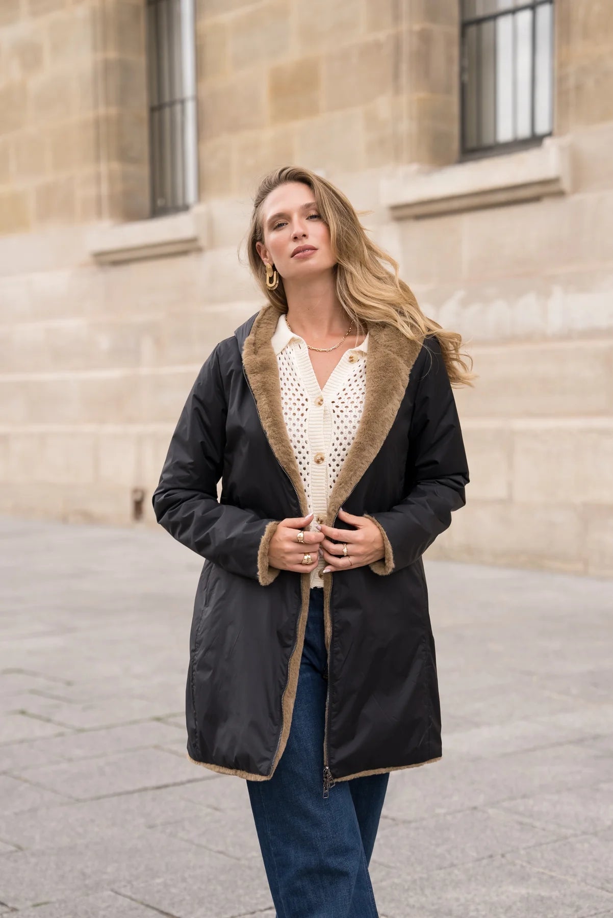 IMPERMEABLE LONG FOURRE REVERSIBLE NOIR CAMEL La Chica
