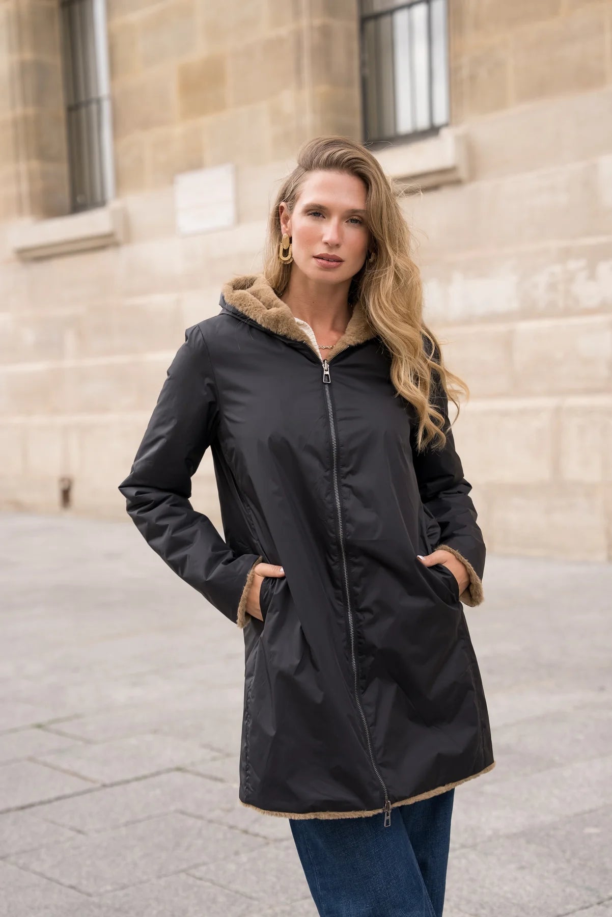 IMPERMEABLE LONG FOURRE REVERSIBLE NOIR CAMEL La Chica