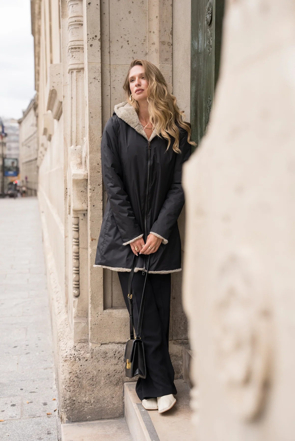 IMPERMEABLE LONG FOURRE REVERSIBLE NOIR BEIGE La Chica