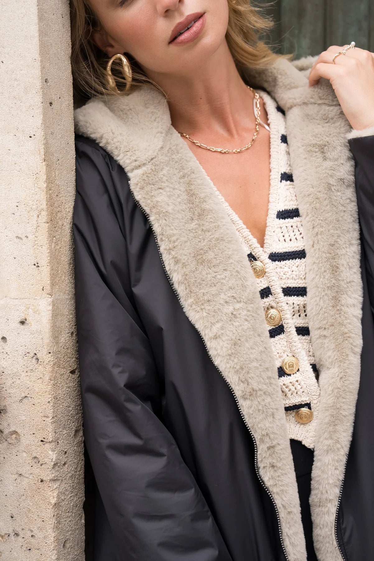 IMPERMEABLE LONG FOURRE REVERSIBLE NOIR BEIGE La Chica