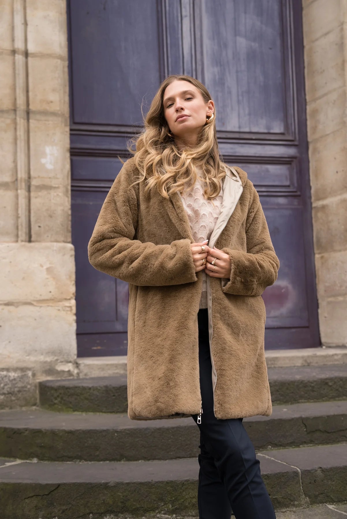 IMPERMEABLE LONG FOURRE REVERSIBLE SABLE CAMEL La Chica