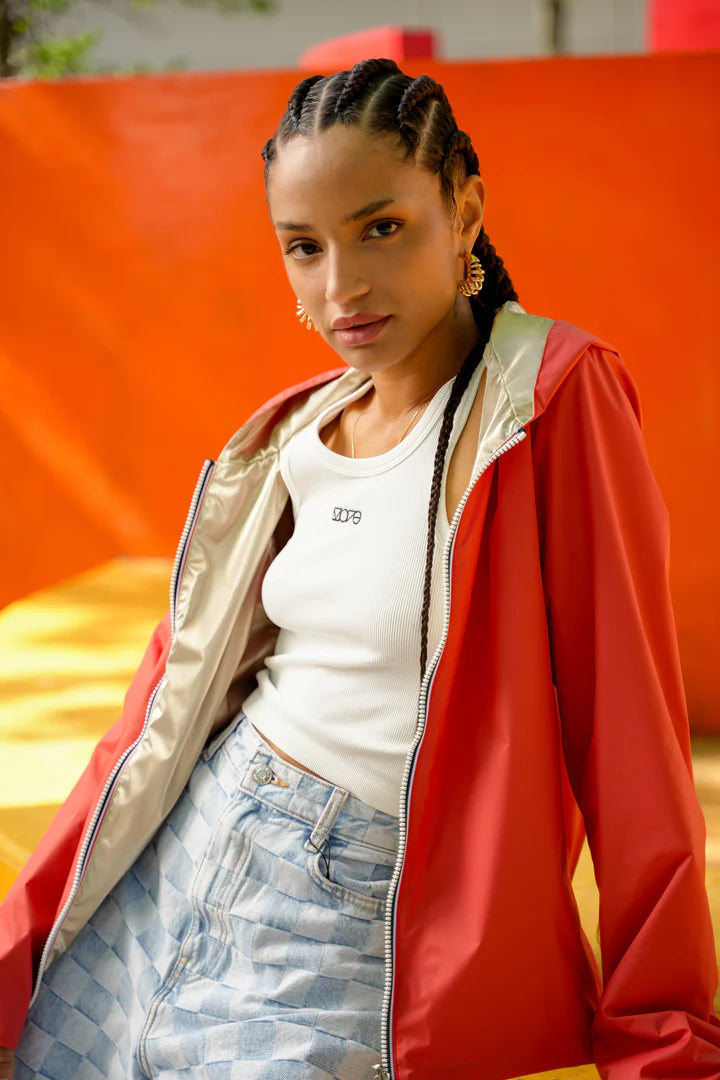 MANTEAU COURT IMPERMEABLE REVERSIBLE CORAIL DORE LAURA JO La Chica
