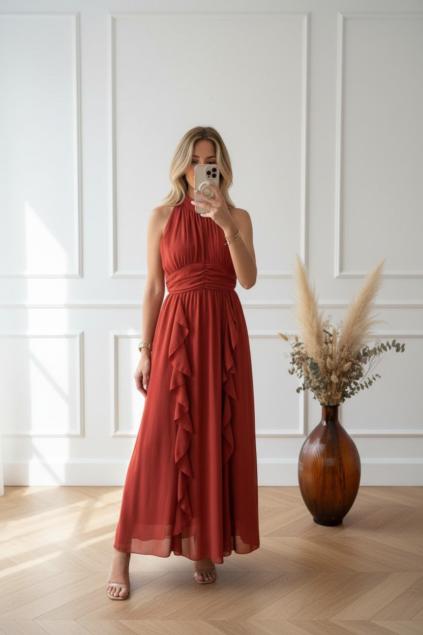 Robe Longue à Volants ✦ Terracotta ✦ Élégance Fluide & Raffinement Italien La Chica