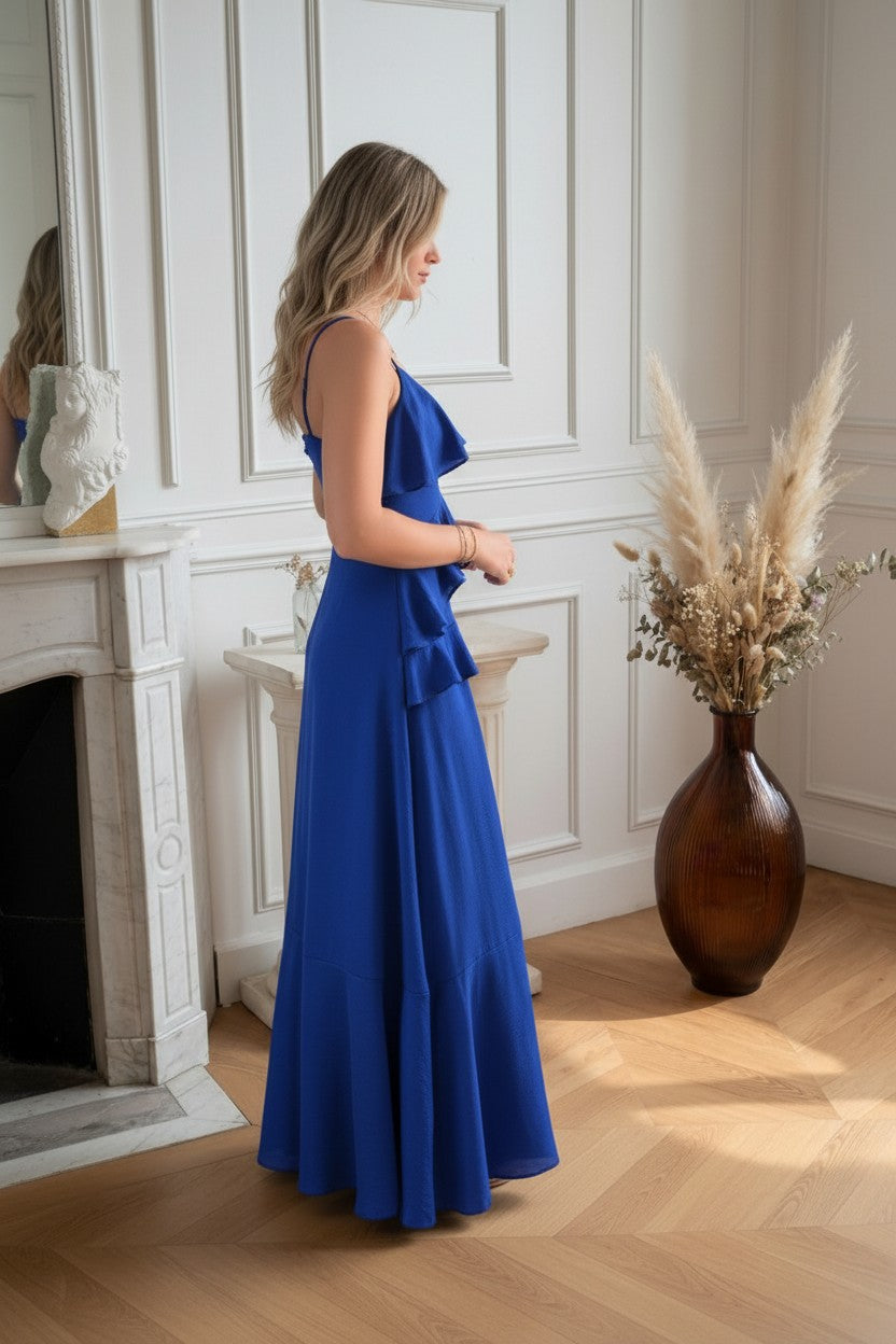 Robe Longue à Volants ✦ Bleu Roi ✦ Élégance Fluide & Féminine La Chica