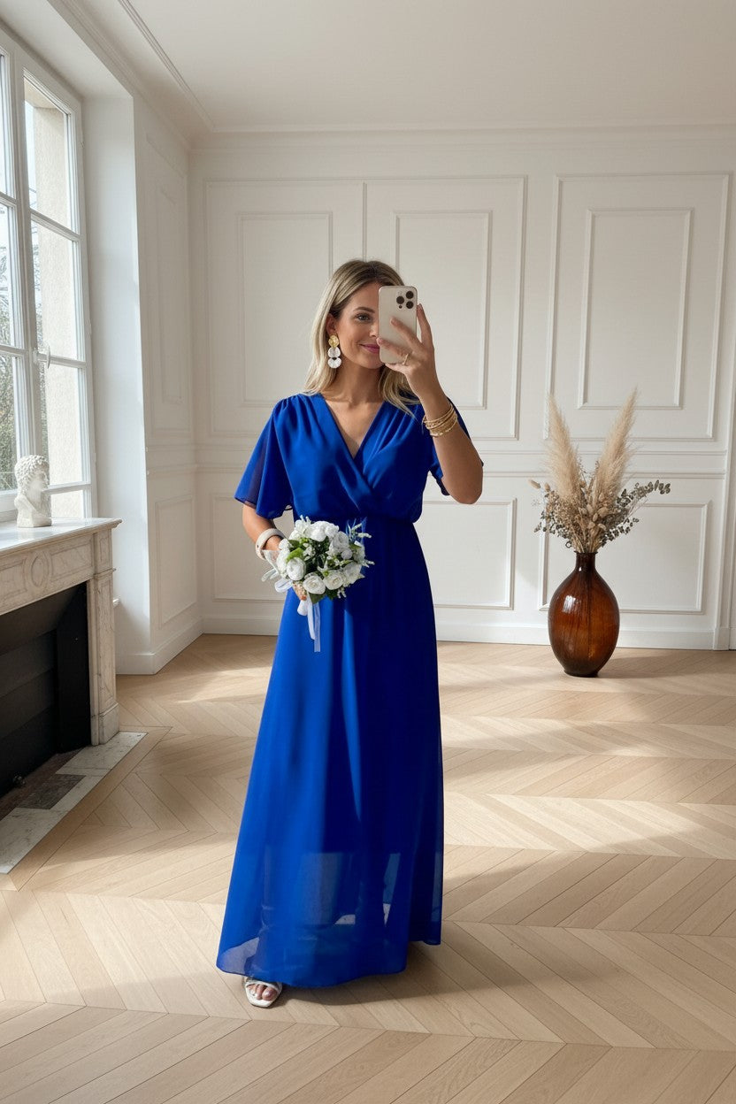 Robe Longue Fluide ✦ Bleu Électrique ✦ Décolleté Croisé ✦ Élégance Cérémonie La Chica