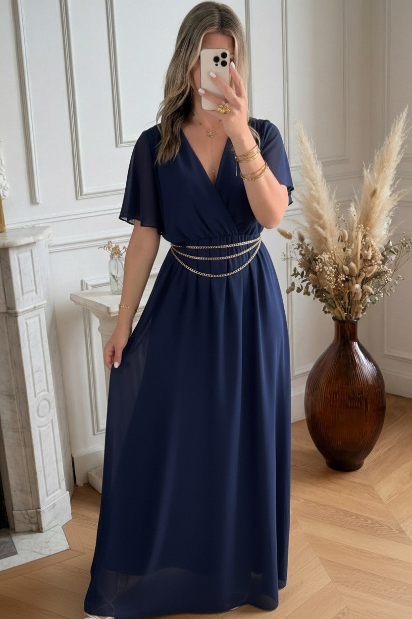 Robe Élégante Fluide ✦ Bleu Marine ✦ Décolleté Croisé ✦ Allure Intemporelle La Chica