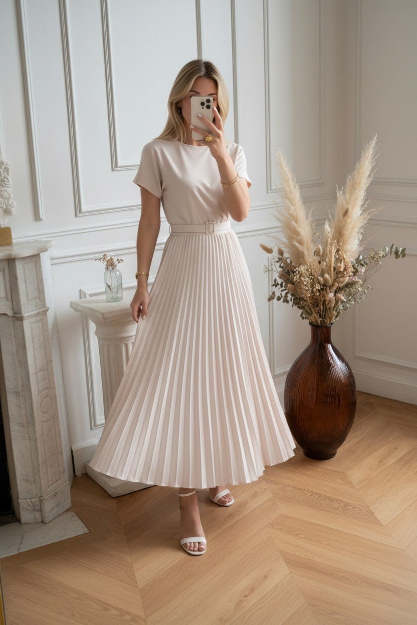 Robe Plissée Bi-Matière ✦ Beige ✦ Élégance Minimaliste La Chica