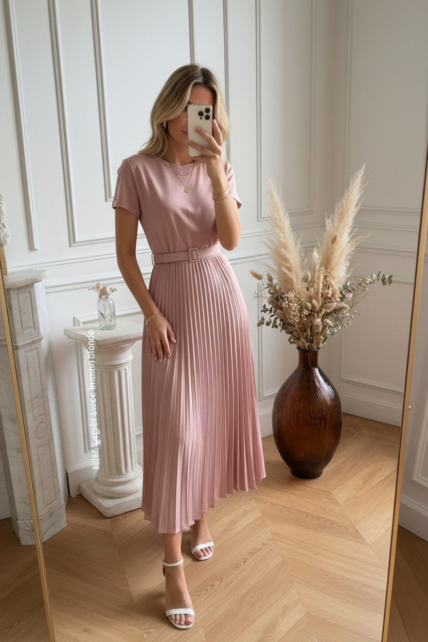 Robe Plissée Bi-Matière ✦ Rose Poudré ✦ Douceur Élégante La Chica