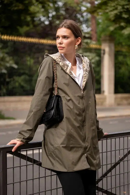 PARKA IMPERMEABLE LONG LEGERE REVERSIBLE LAURA JO KAKI LEOPARD La Chica