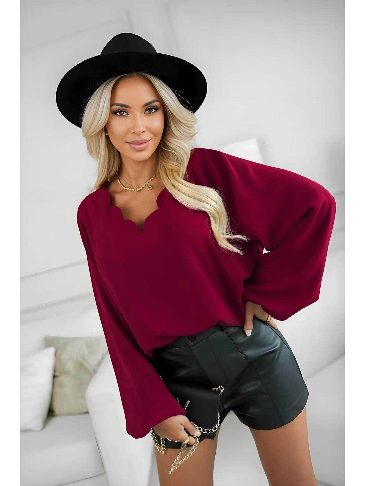 Blouse col festonné manches longues bordeaux pour femme, La Chica