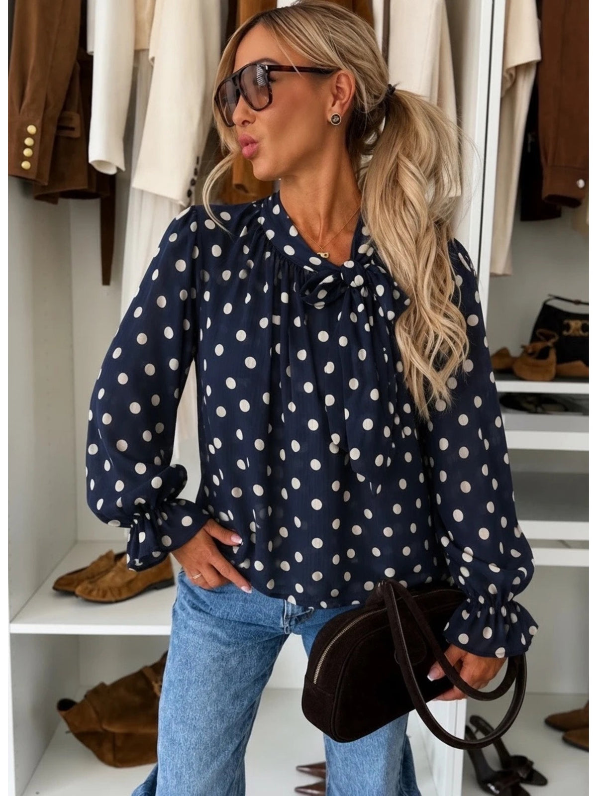 Blouse col noué imprimé manches volantées marine pour femme, La Chica