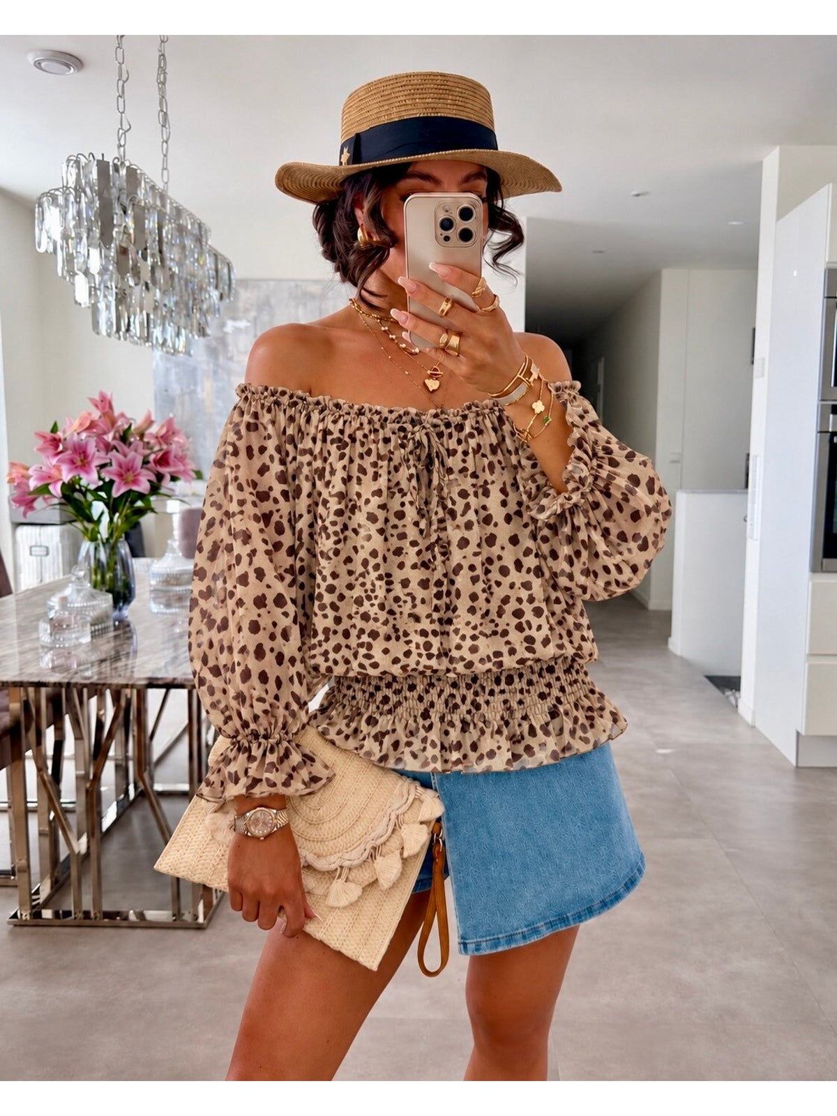 Blouse imprimé bambi épaules dénudées doublure viscose beige pour femme, La Chica