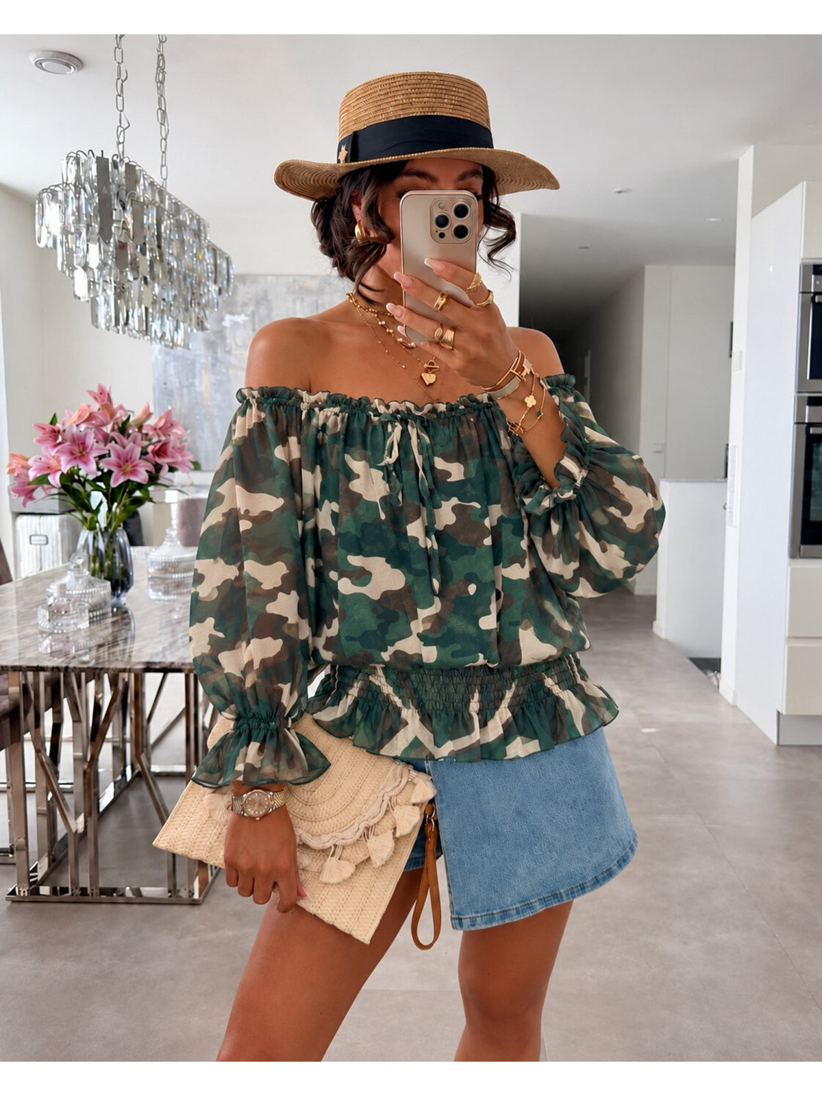 Blouse imprimé camouflage épaules dénudées doublure viscose kaki pour femme, La Chica