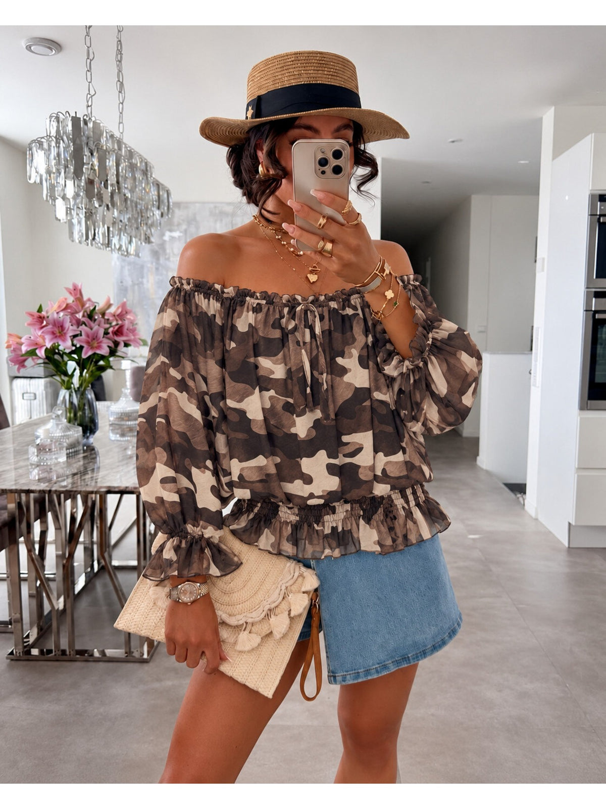 Blouse imprimé camouflage épaules dénudées doublure viscose marron foncé pour femme, La Chica