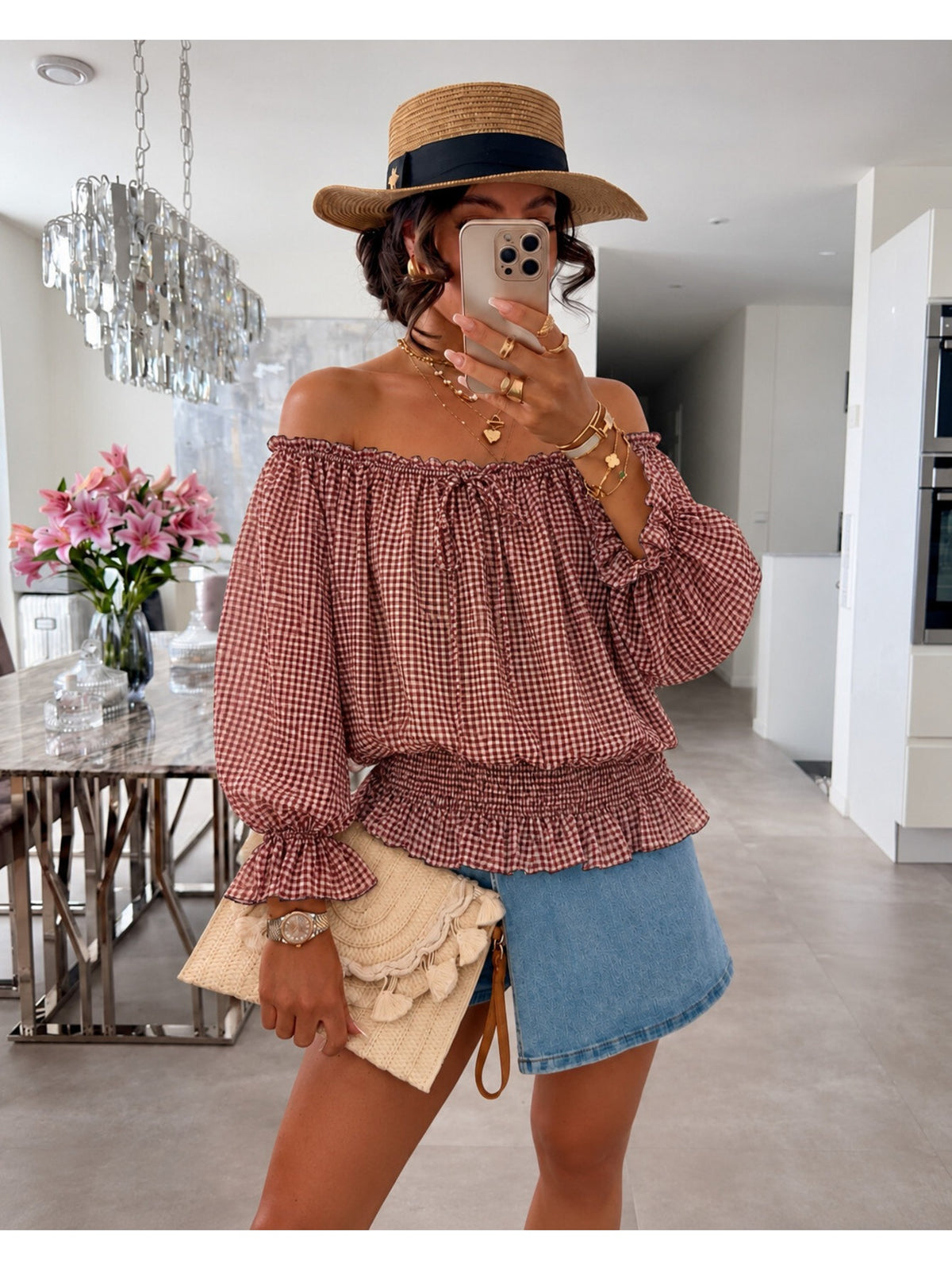 Blouse imprimé rayures épaules dénudées doublure viscose bordeaux pour femme, La Chica
