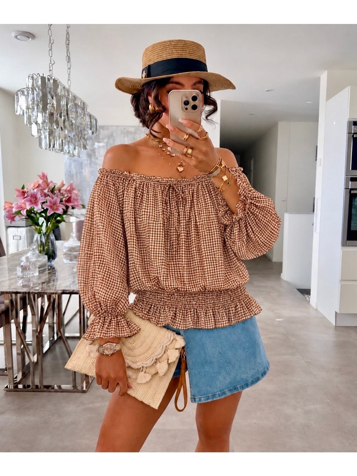 Blouse imprimé rayures épaules dénudées doublure viscose camel pour femme, La Chica