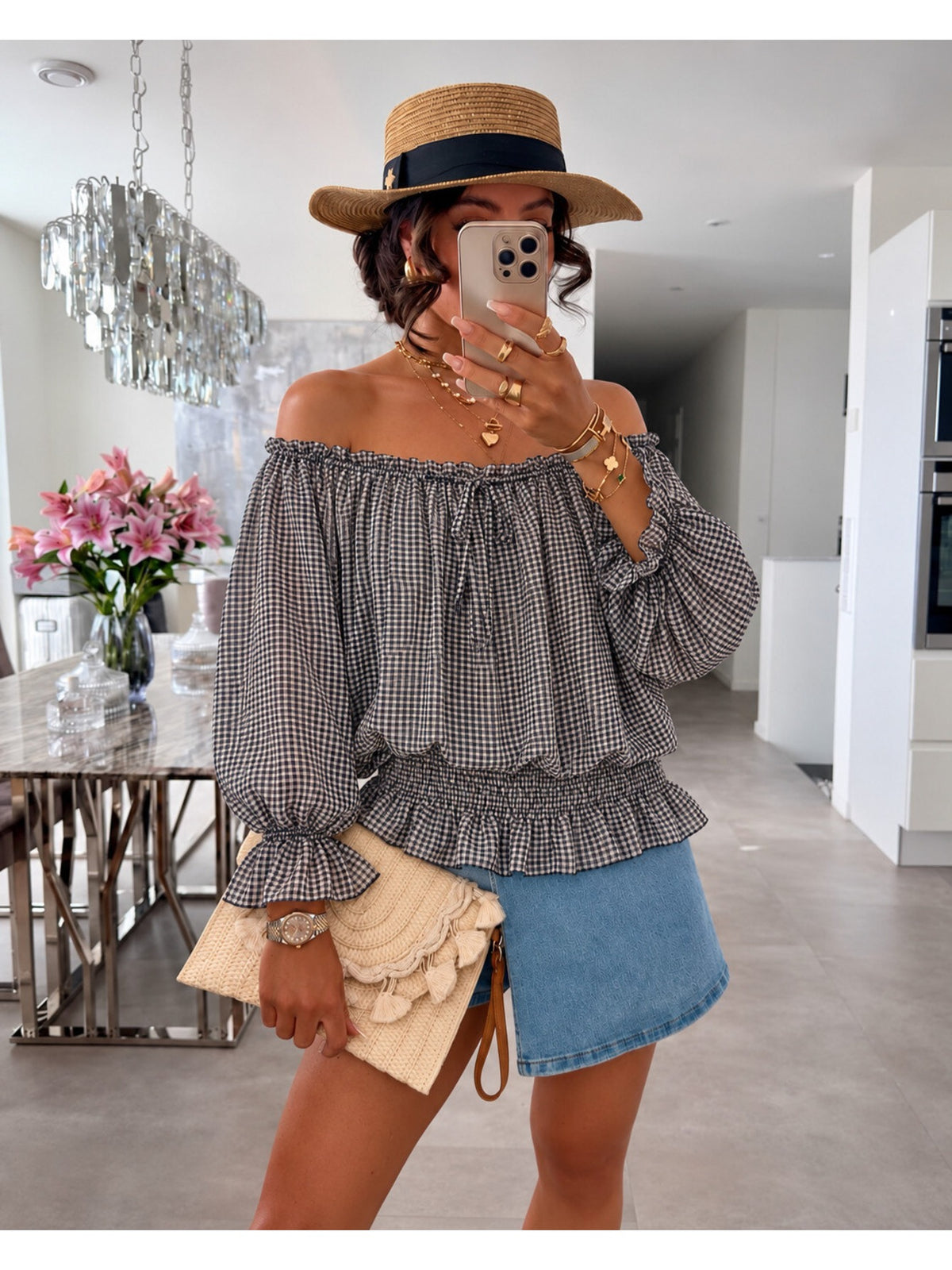 Blouse imprimé rayures épaules dénudées doublure viscose marine pour femme, La Chica