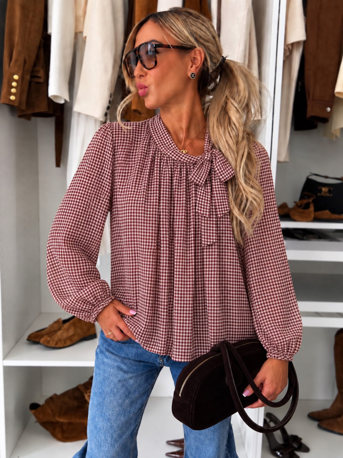 Blouse imprimée carreaux à col noué doublure viscose bordeaux pour femme, La Chica