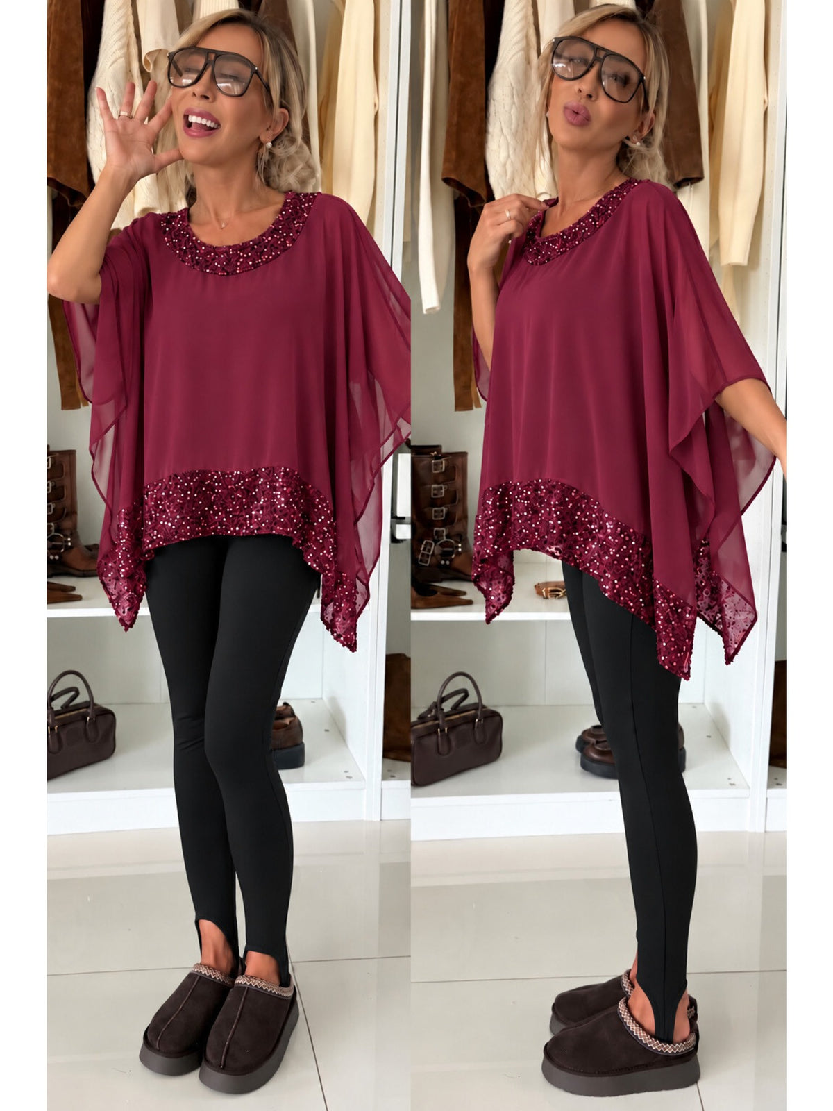 Blouse manches chauve-souris bas sequins doublure viscose bordeaux pour femme, La Chica