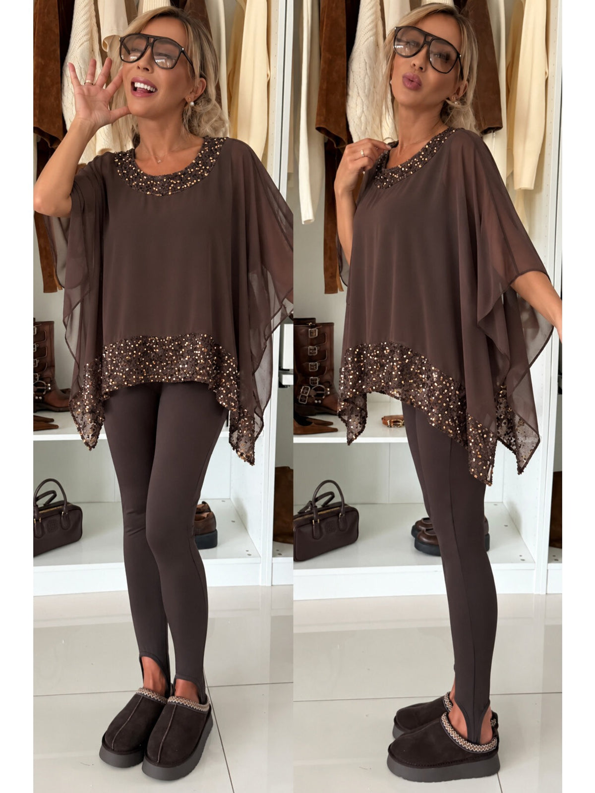 Blouse manches chauve-souris bas sequins doublure viscose marron pour femme, La Chica