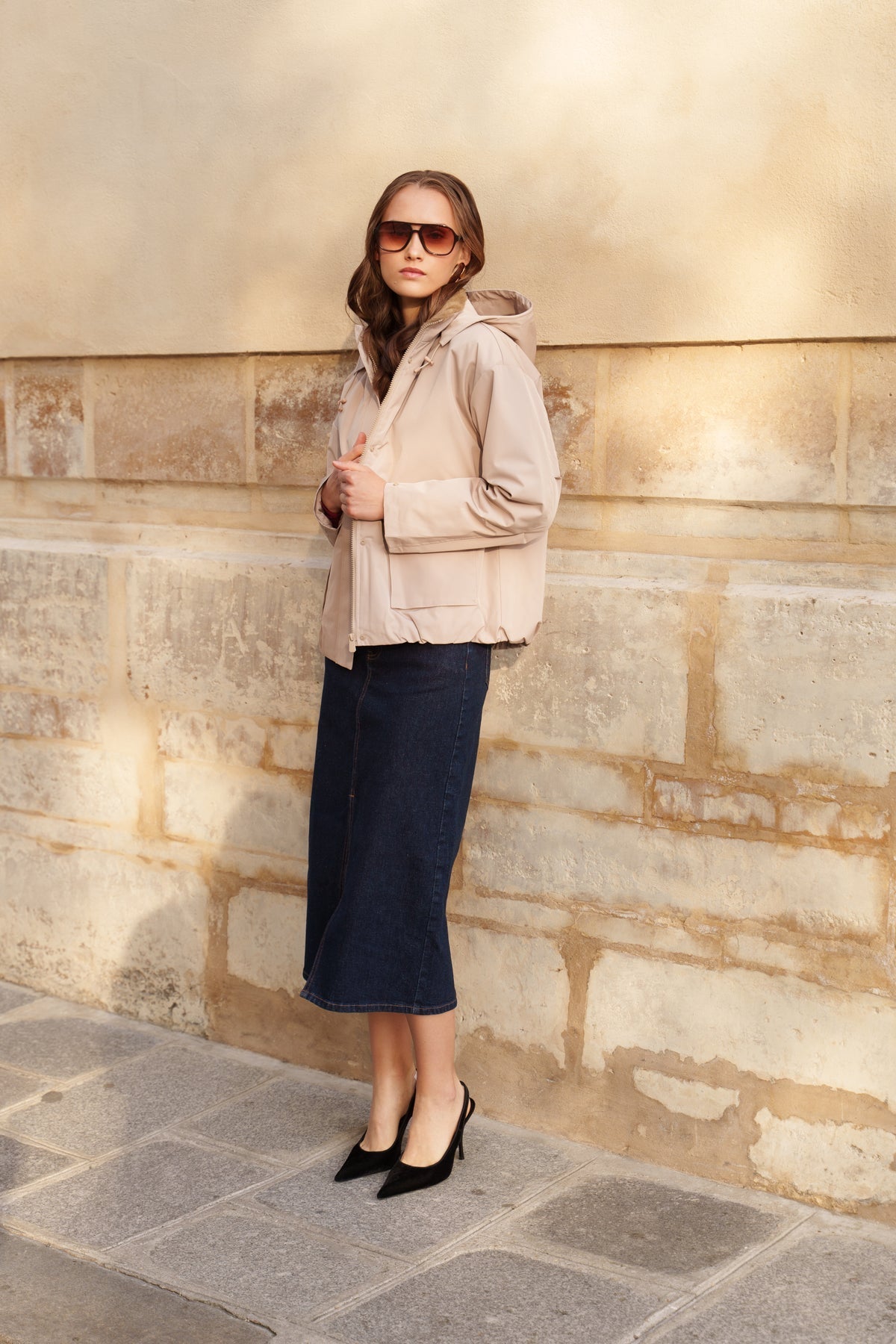 Blouson imperméable fourré à capuche amovible Laura Jo beige pour femme – vue 3