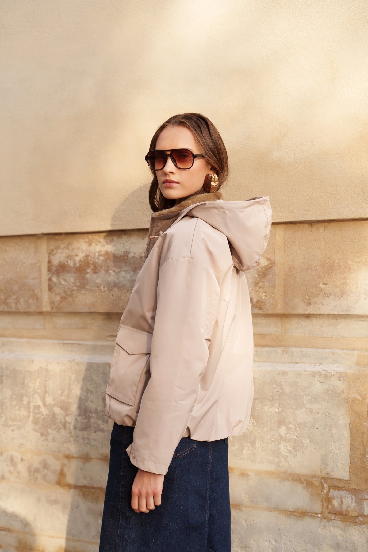 Blouson imperméable fourré à capuche amovible Laura Jo beige pour femme – vue 5