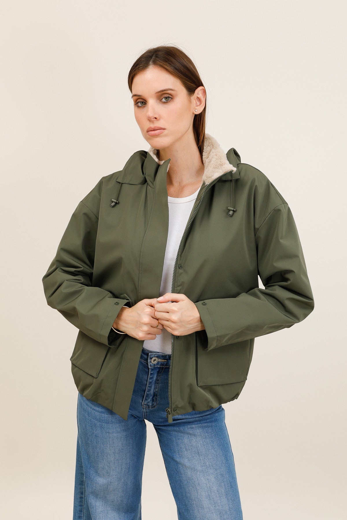 Blouson imperméable fourré à capuche amovible Laura Jo kaki pour femme – vue 1