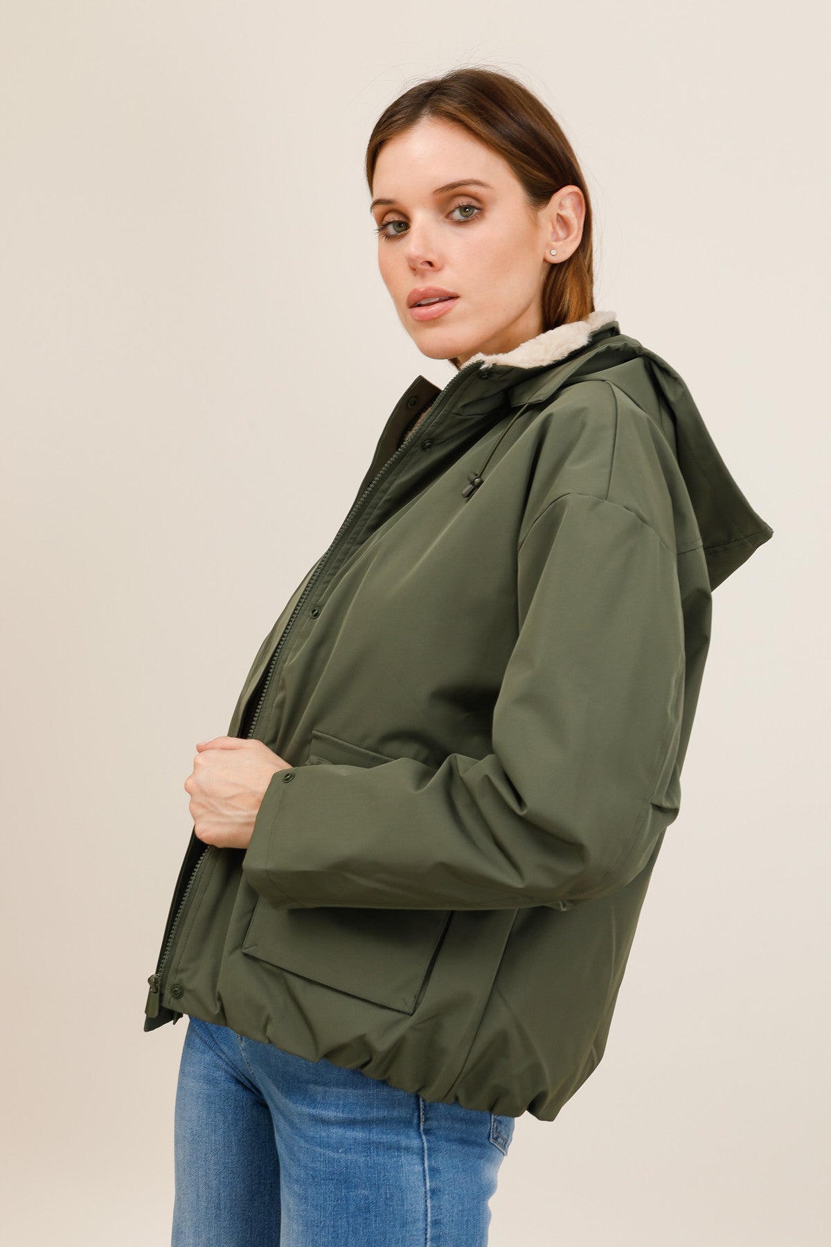 Blouson imperméable fourré à capuche amovible Laura Jo kaki pour femme – vue 2