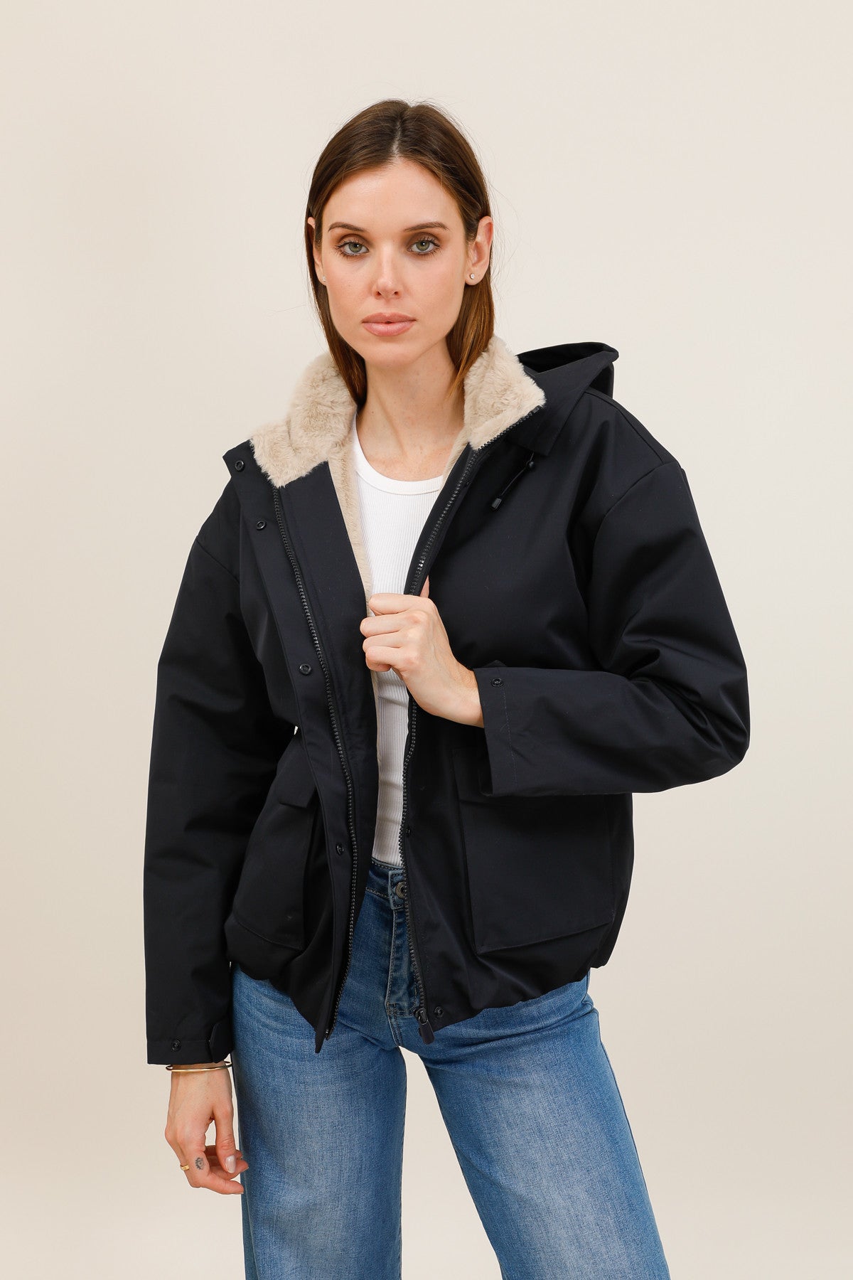 Blouson imperméable fourré à capuche amovible Laura Jo marine pour femme – vue 2