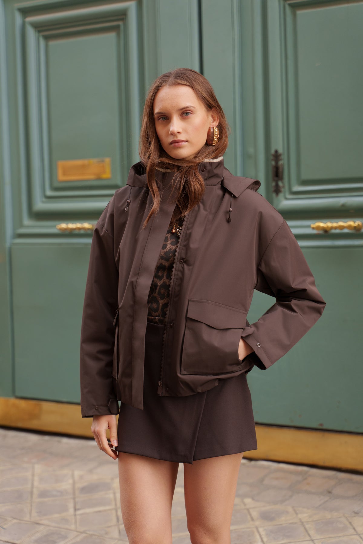 Blouson imperméable fourré à capuche amovible Laura Jo marron chocolat pour femme – vue 2