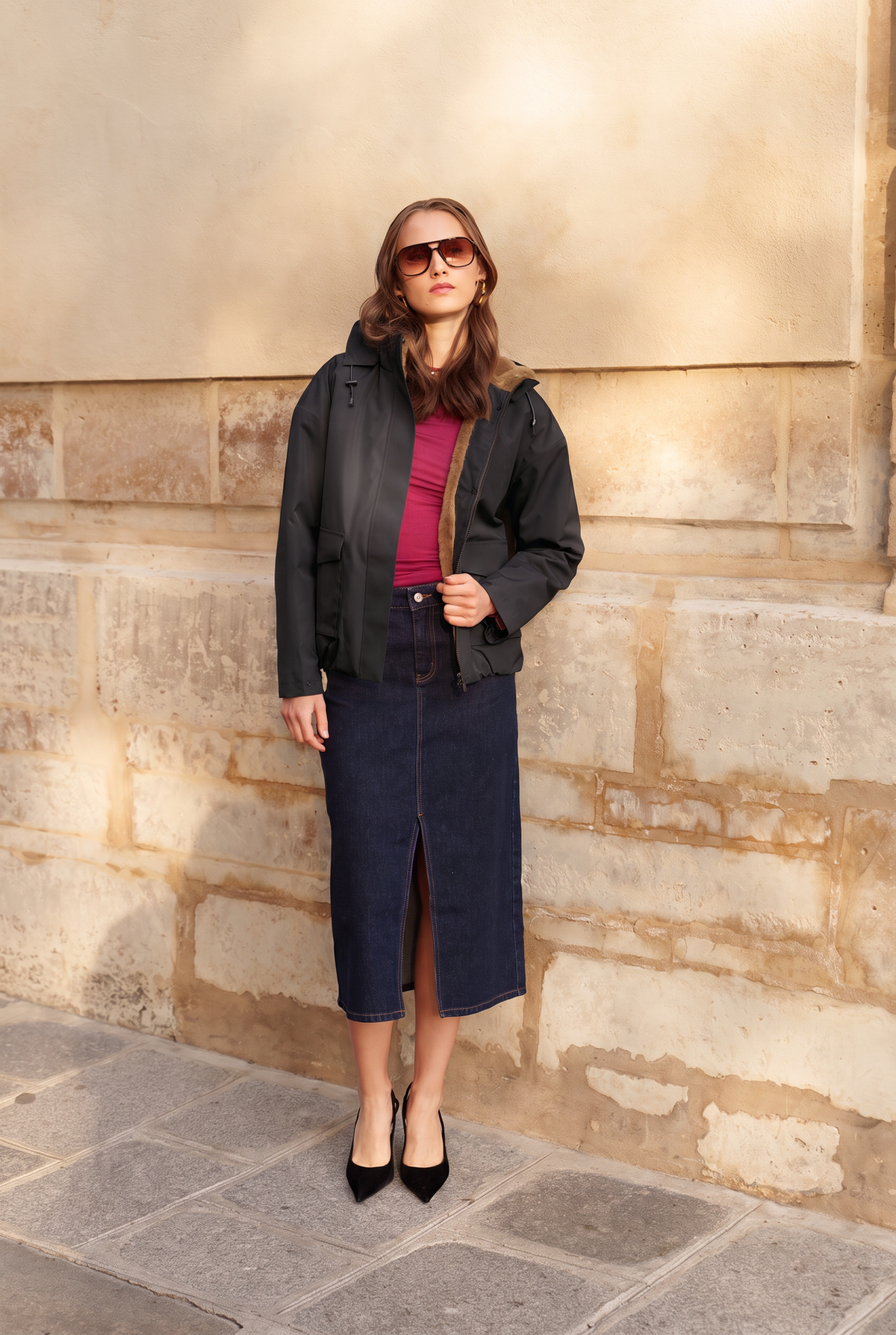 Blouson imperméable fourré à capuche amovible Laura Jo noir pour femme – vue 1