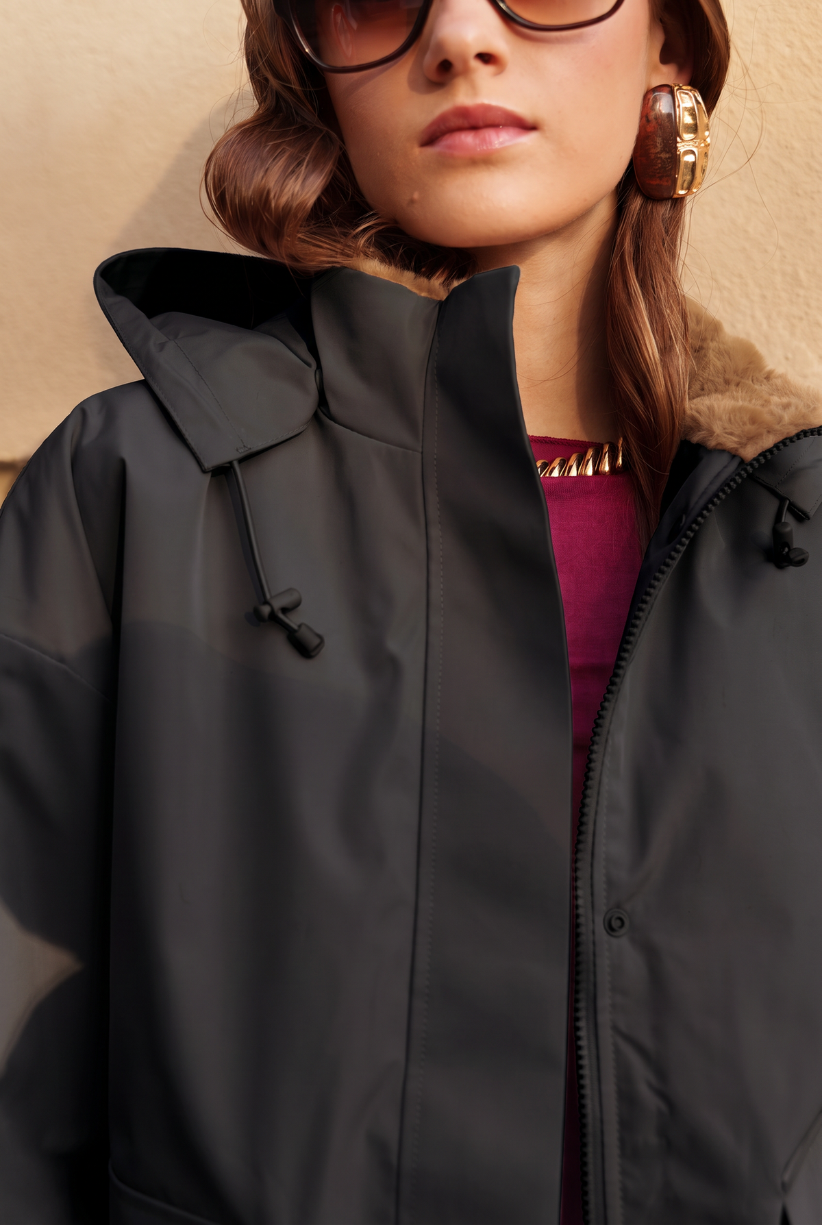Blouson imperméable fourré à capuche amovible Laura Jo noir pour femme – vue 4