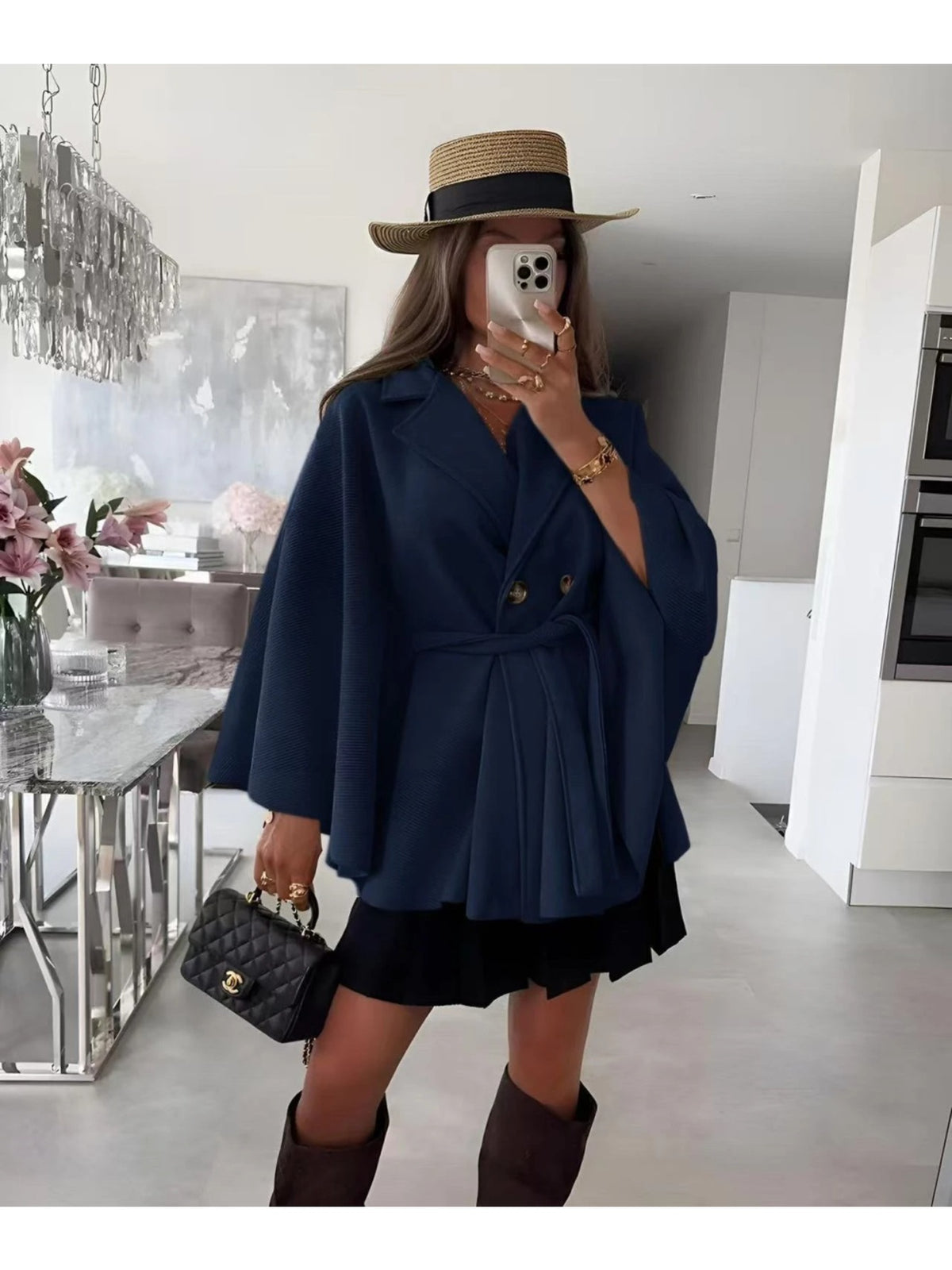 Cape blazer ceinturée à double boutonnage marine pour femme, La Chica