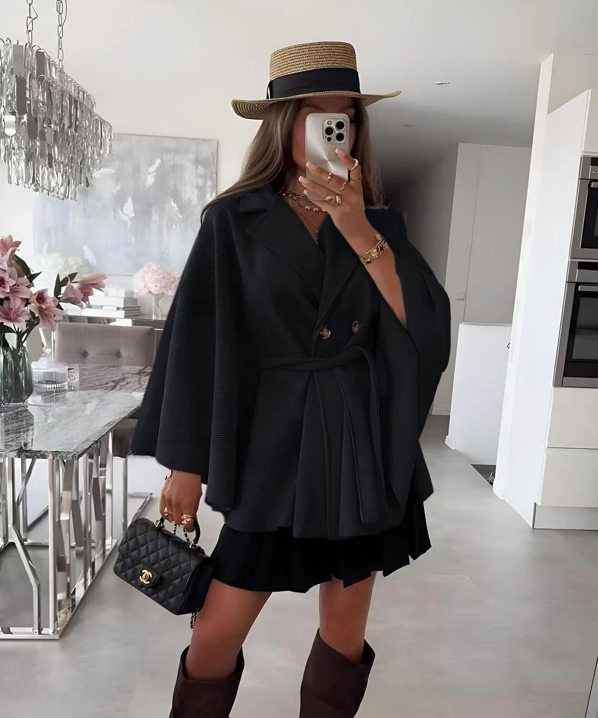 Cape blazer ceinturée à double boutonnage noir pour femme – La Chica