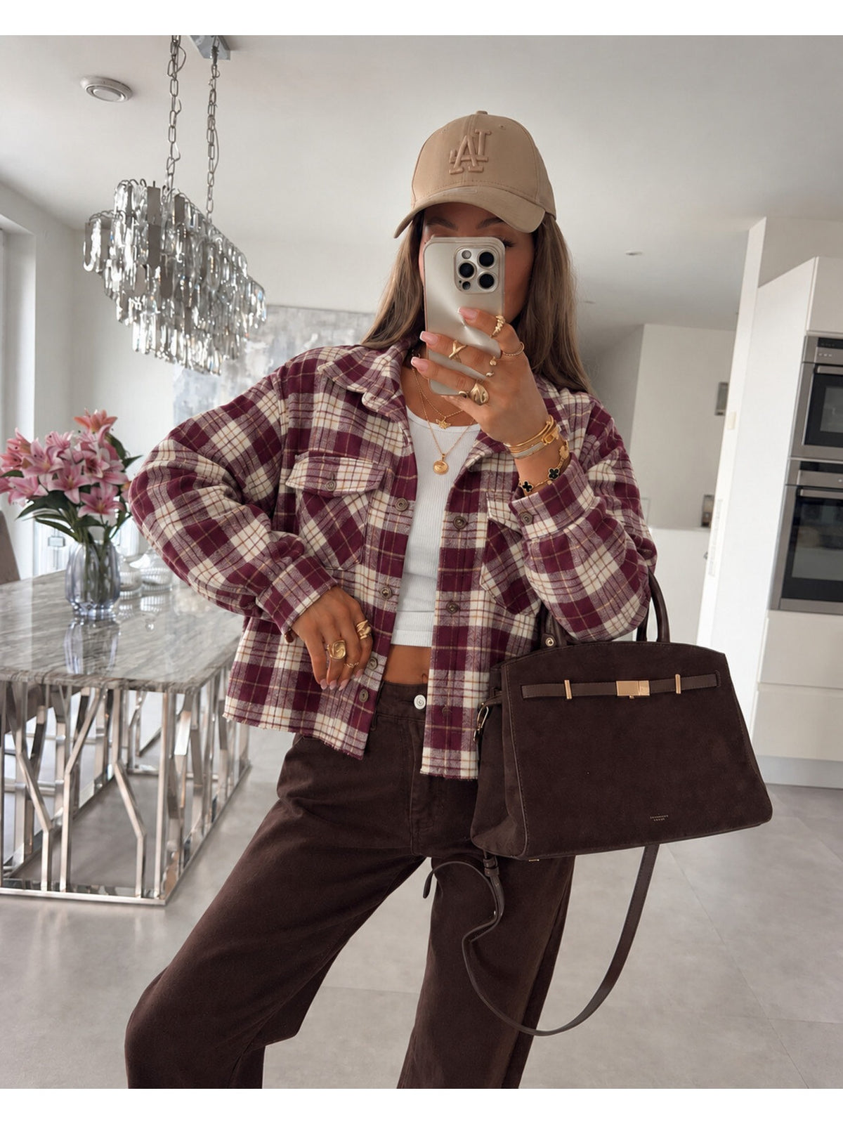 Chemise à carreaux détails poches avant effet flanelle bordeaux pour femme, La Chica
