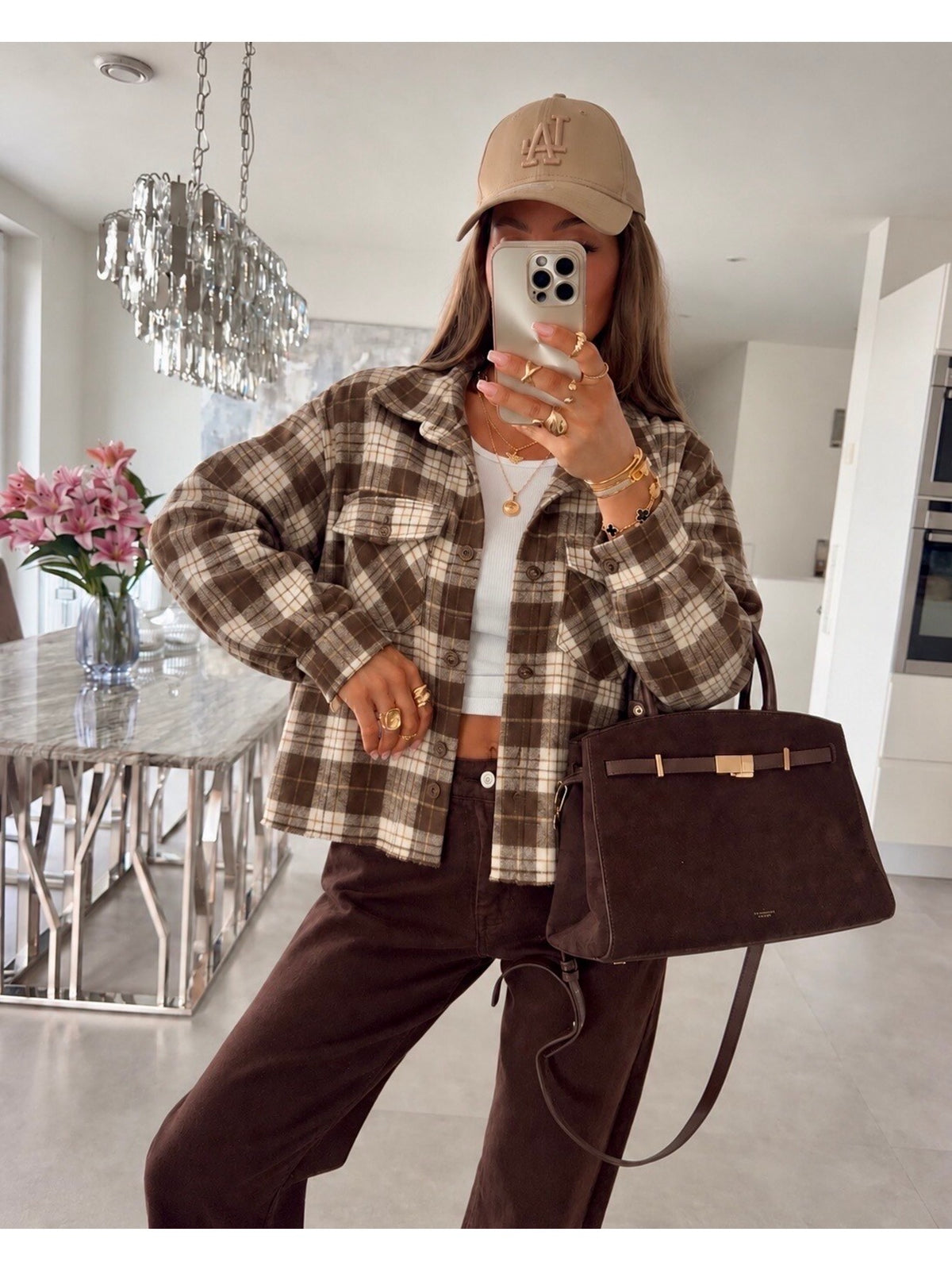 Chemise à carreaux détails poches avant effet flanelle marron pour femme, La Chica