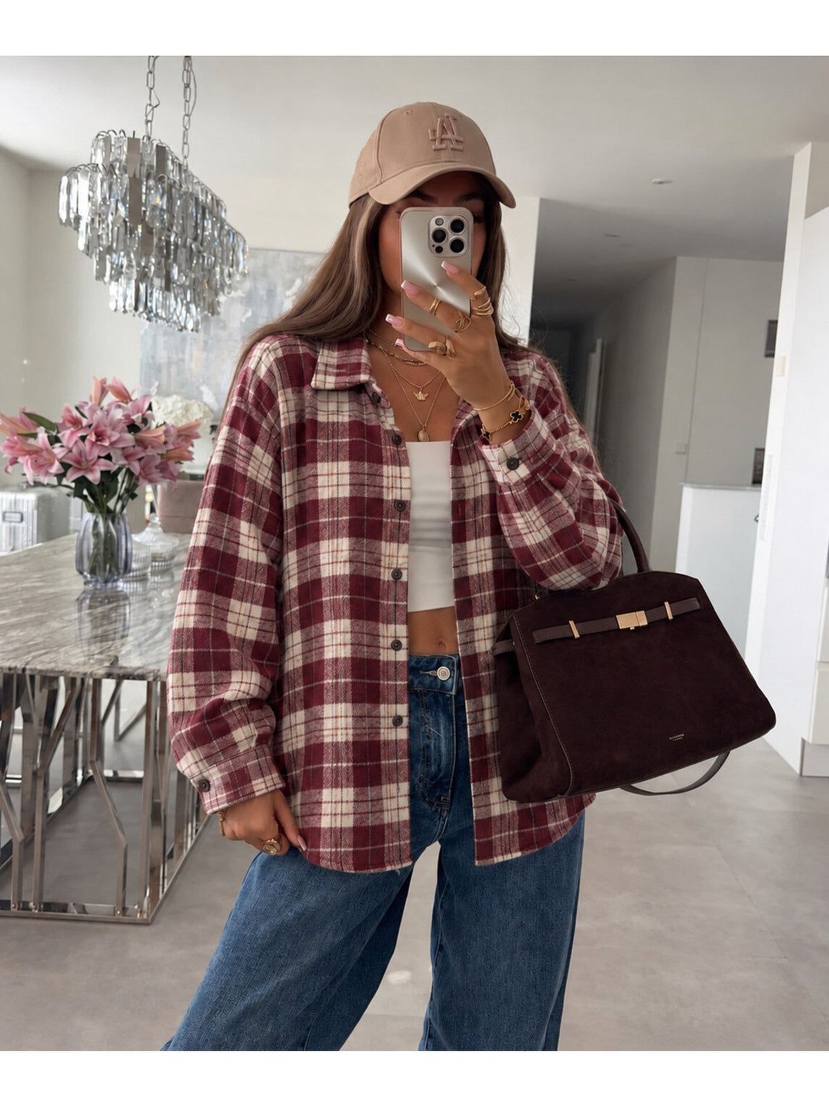 Chemise à carreaux Oversize effet flanelle bordeaux pour femme, La Chica
