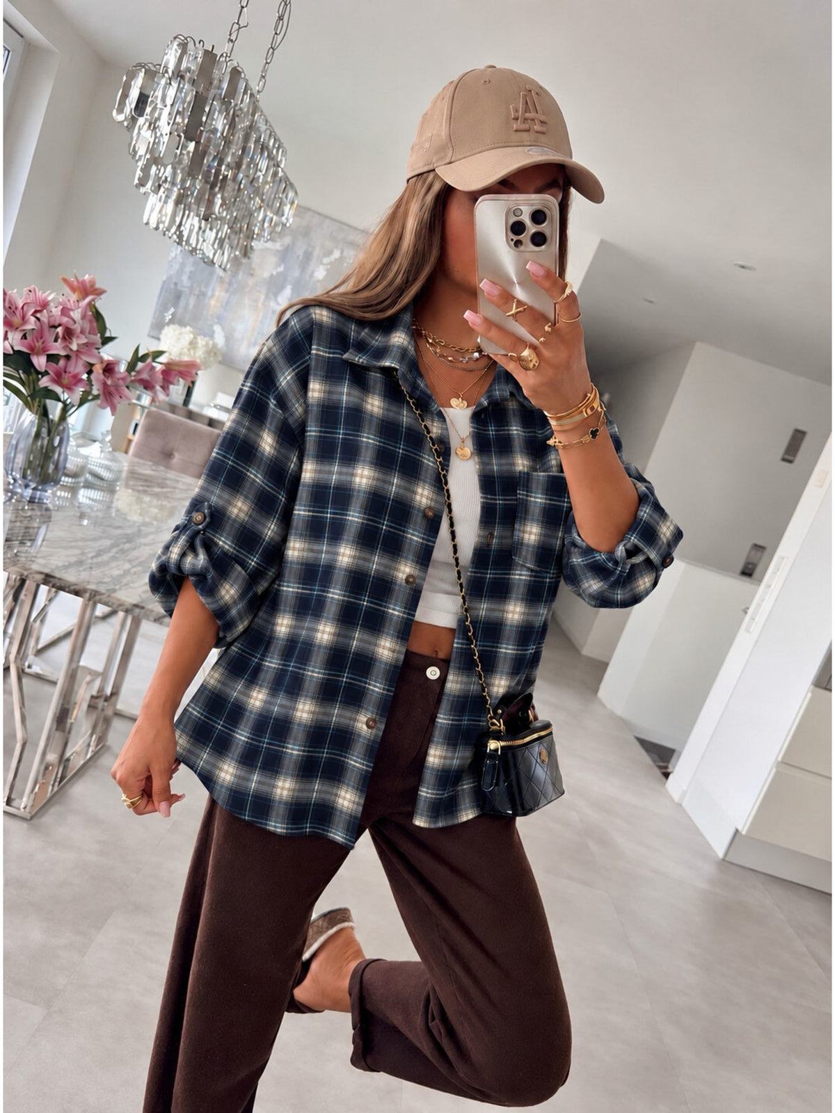 Chemise à carreaux poches avant manches retroussables marine pour femme, La Chica