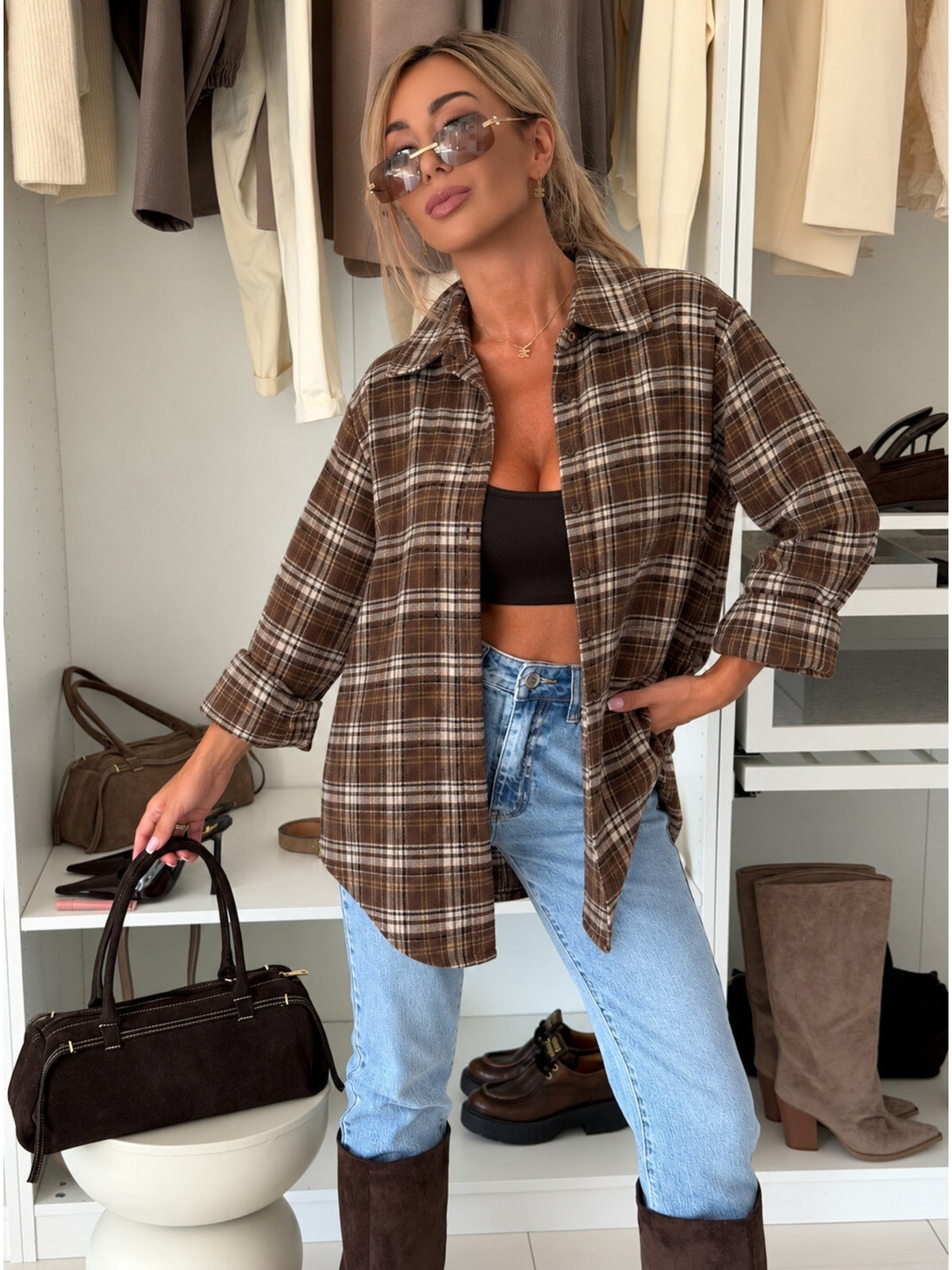 Chemise oversize carreaux flanelle brossée manches retroussables marron pour femme, La Chica