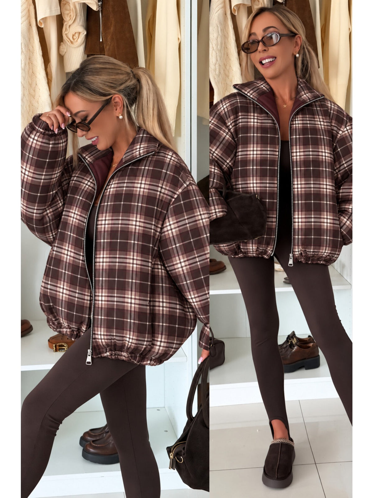 Doudoune bomber carreaux col montant manches ballon marron pour femme, La Chica, vue 1