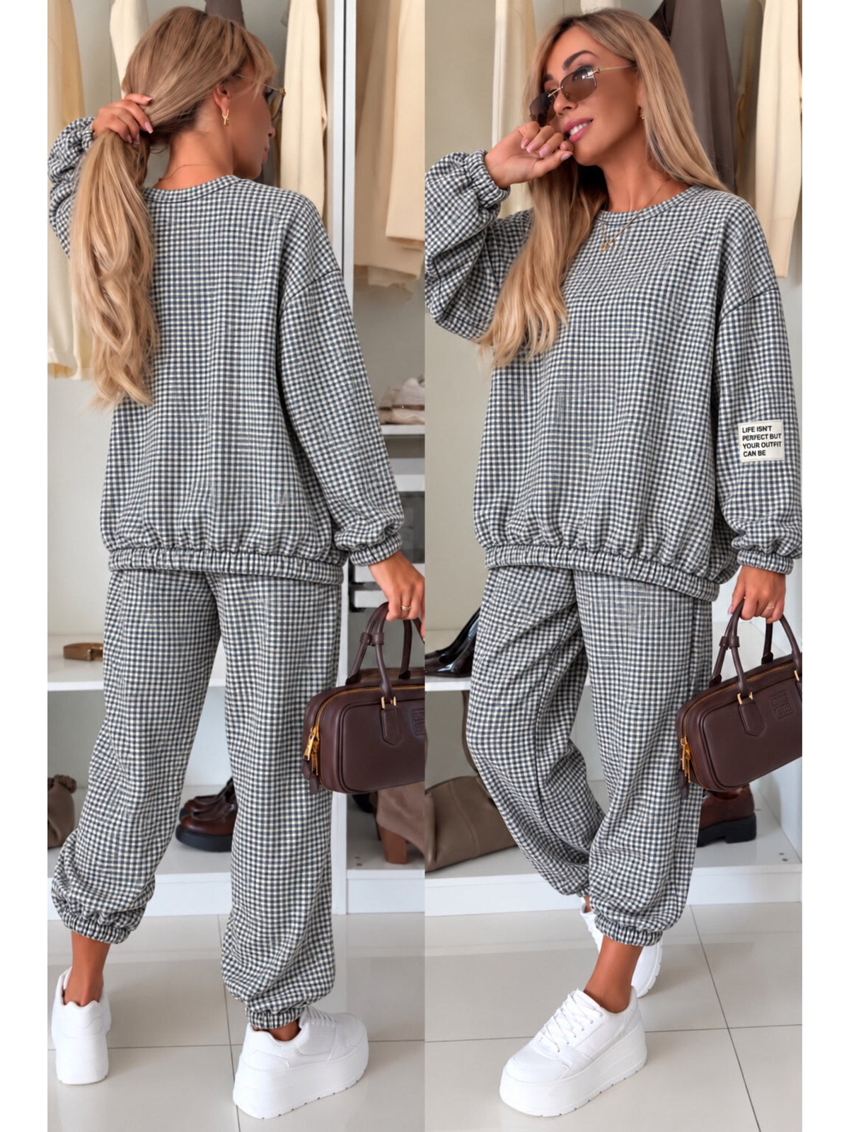 Ensemble sweat et pantalon jogging imprimé carreaux marine pour femme, La Chica