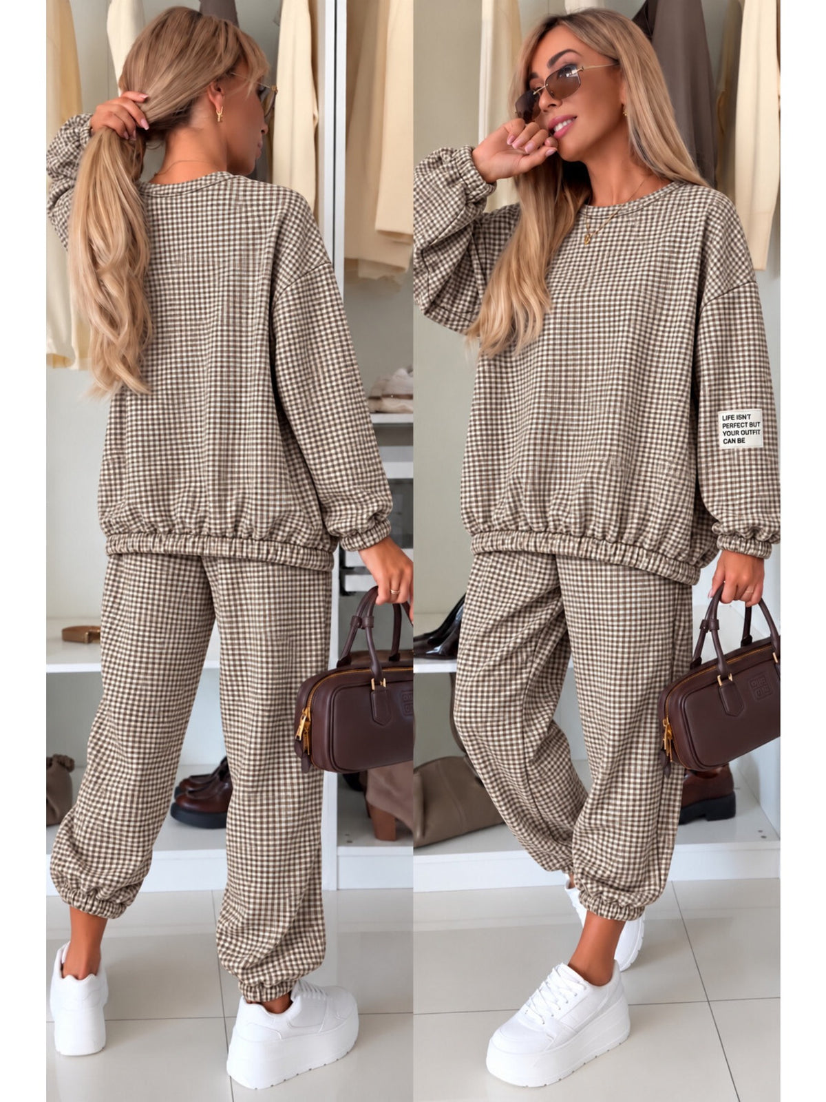 Ensemble sweat et pantalon jogging imprimé carreaux marron pour femme, La Chica