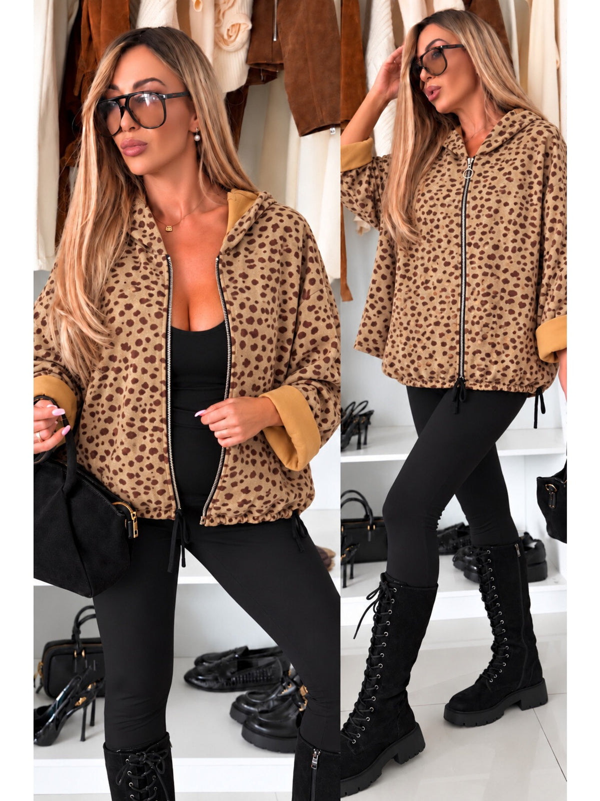 Gilet à capuche zippé imprimé biche en suédine beige pour femme, La Chica
