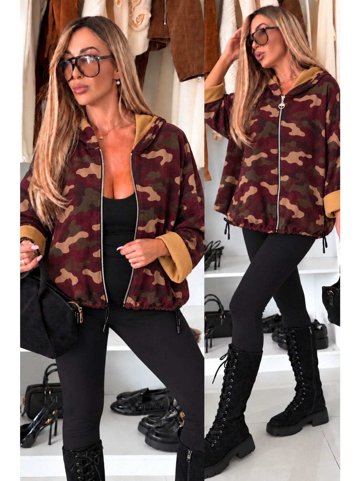 Gilet à capuche zippé imprimé camouflage en suédine bordeaux pour femme, La Chica
