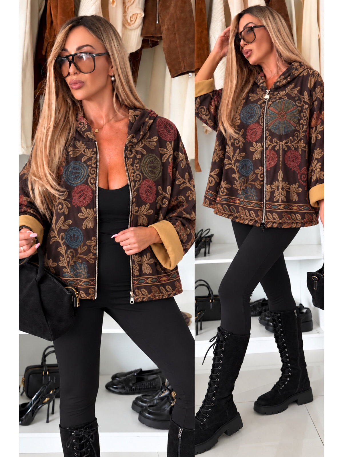 Gilet à capuche zippé imprimé fleuri en suédine marron pour femme, La Chica