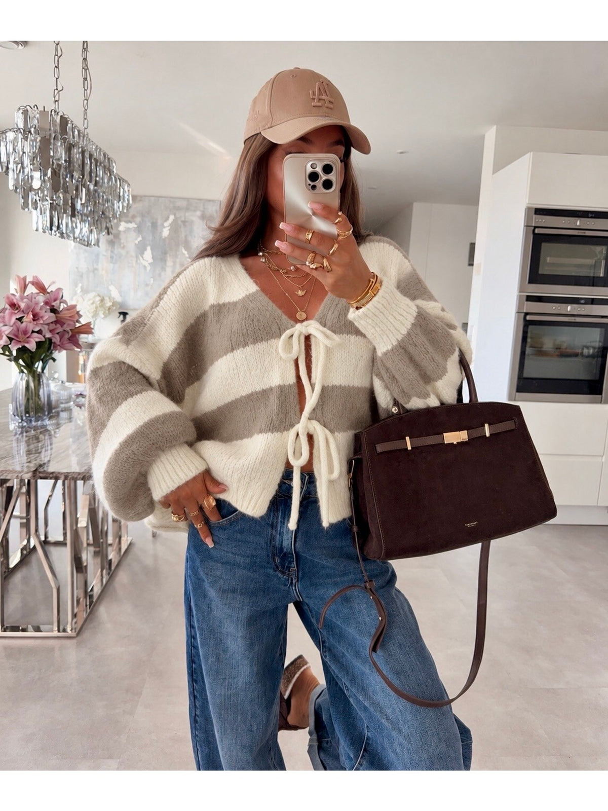 Gilet laine rayé oversize manches ballon et liens beige pour femme, La Chica